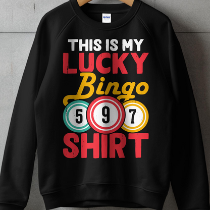 Black sweatshirt with "THIS IS MY LUCKY BINGO SHIRT" and bingo balls.