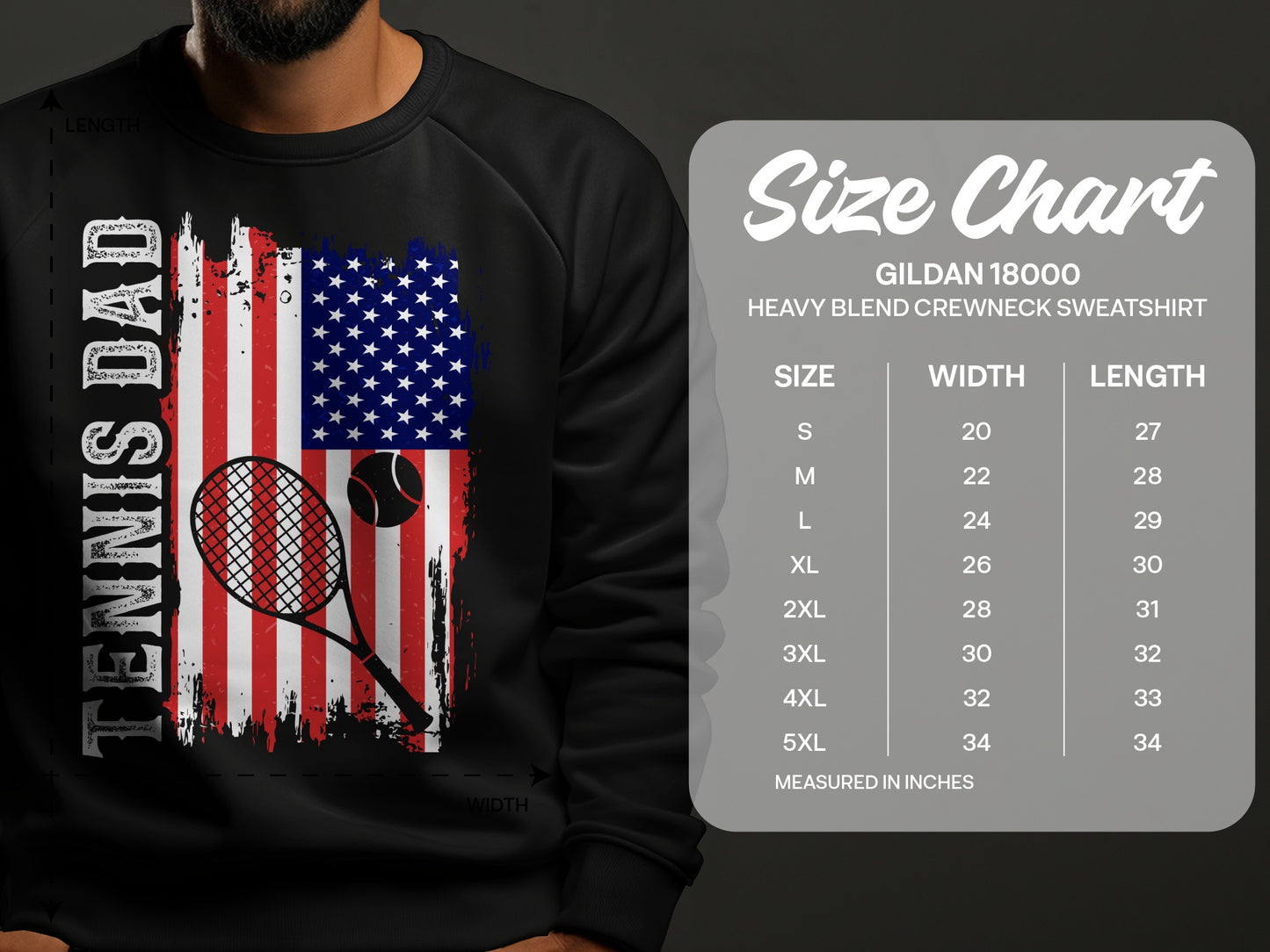 Sweatshirt chest with American flag, tennis racket, and "TENNIS DAD" text.