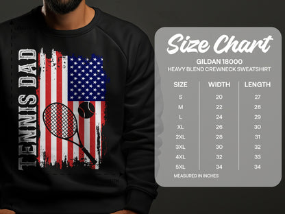 Sweatshirt chest with American flag, tennis racket, and "TENNIS DAD" text.