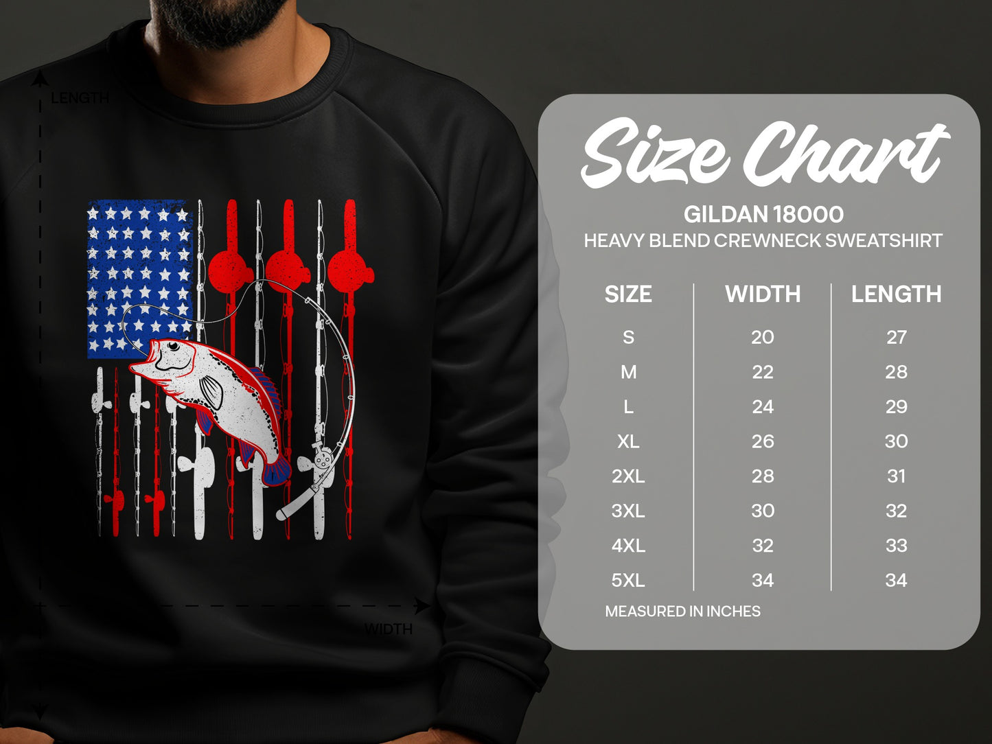 Flag design with fish and fishing poles, size chart for Gildan 18000 sweatshirt.