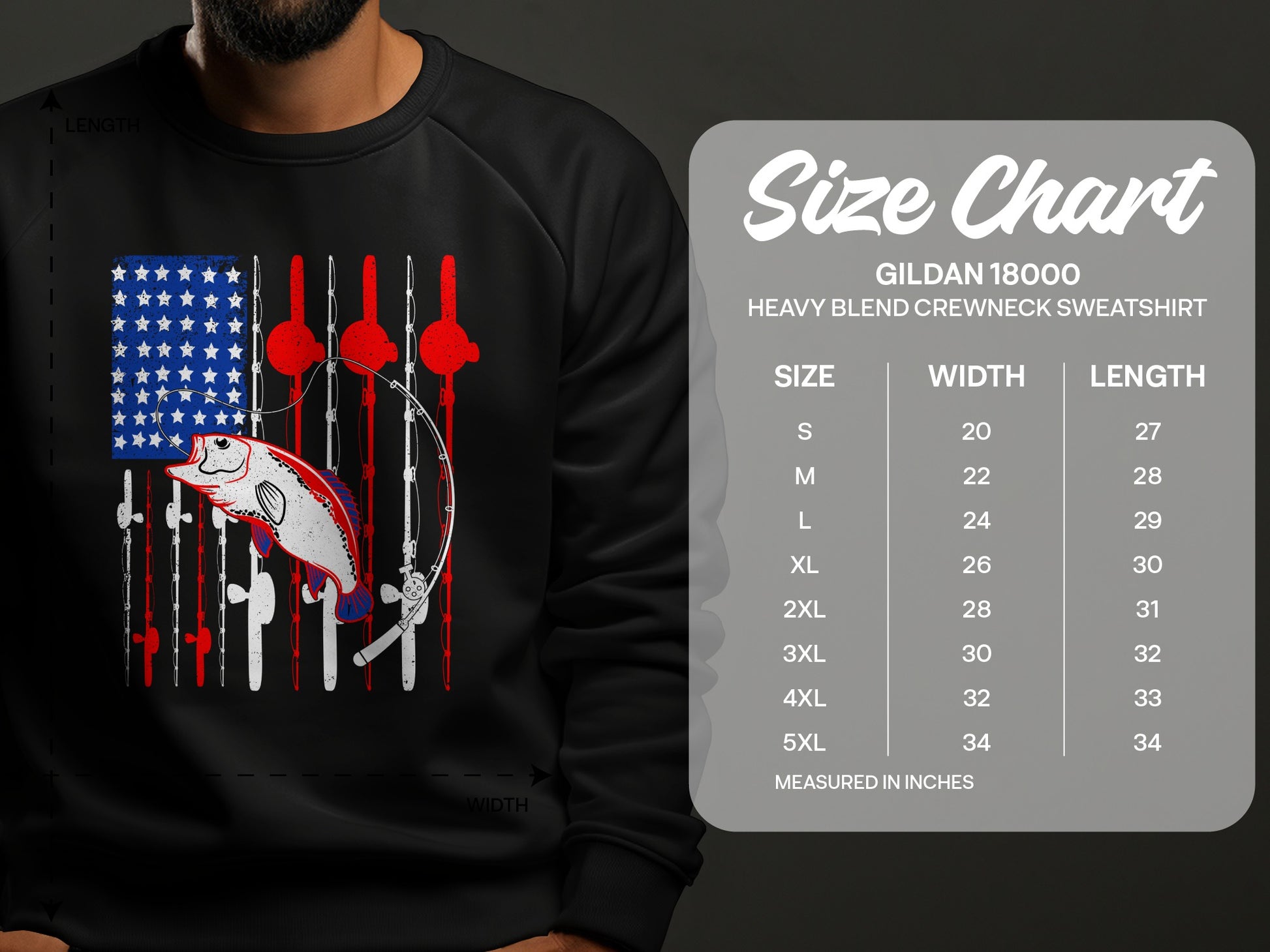 Flag design with fish and fishing poles, size chart for Gildan 18000 sweatshirt.