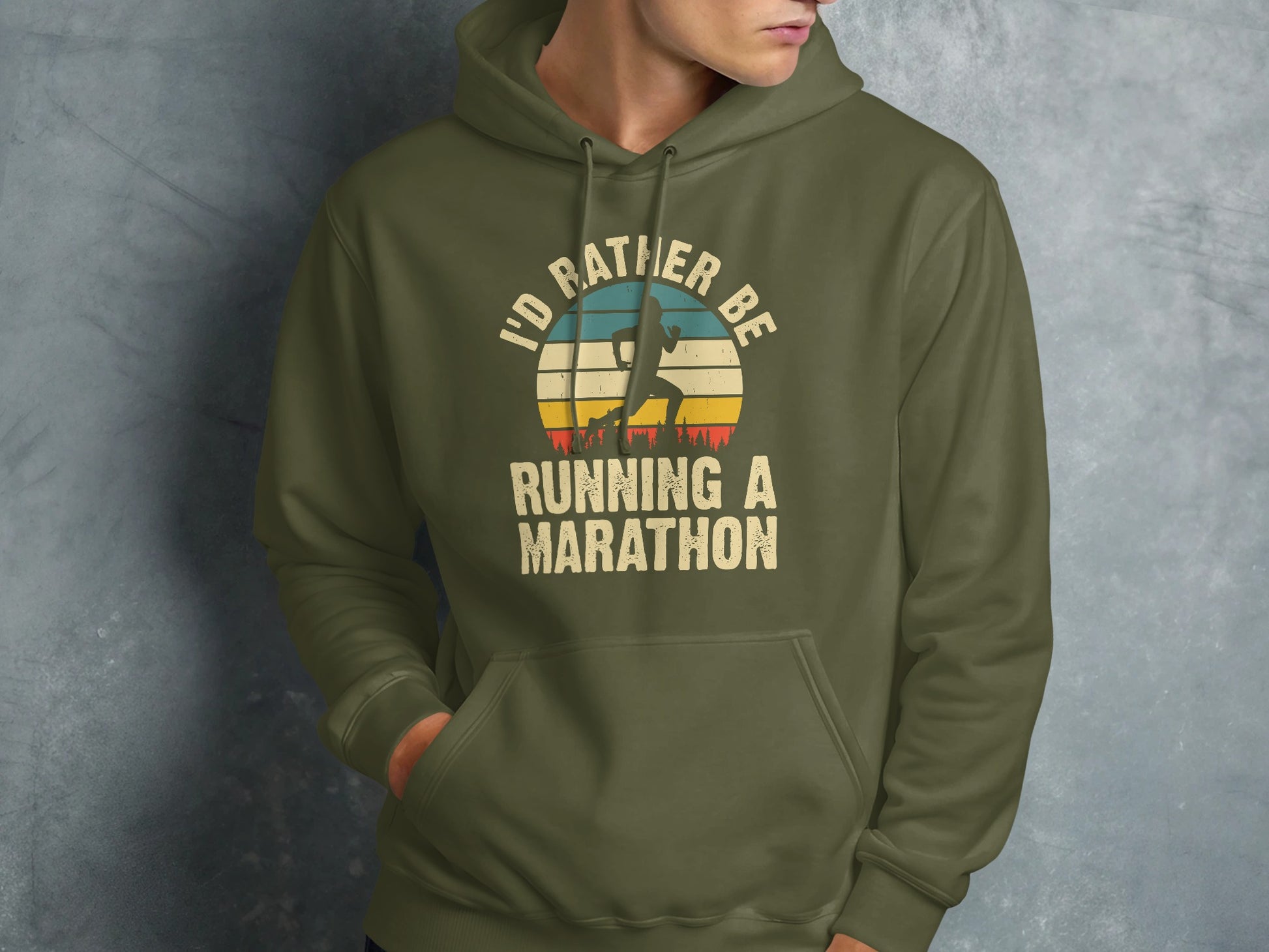 Olive green hoodie with "I'd rather be running a marathon" text and runner silhouette.