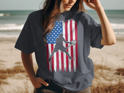 T-shirt with distressed American flag and silhouette of a tennis player.