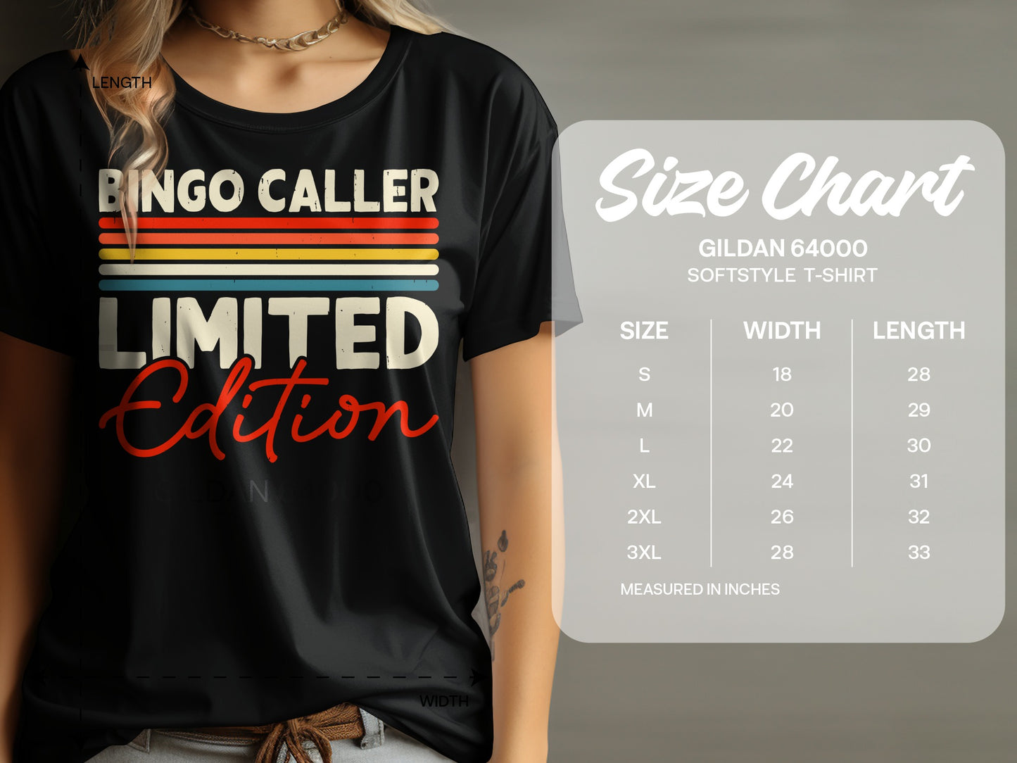 Black t-shirt with "BINGO CALLER LIMITED Edition" text and Gildan size chart.