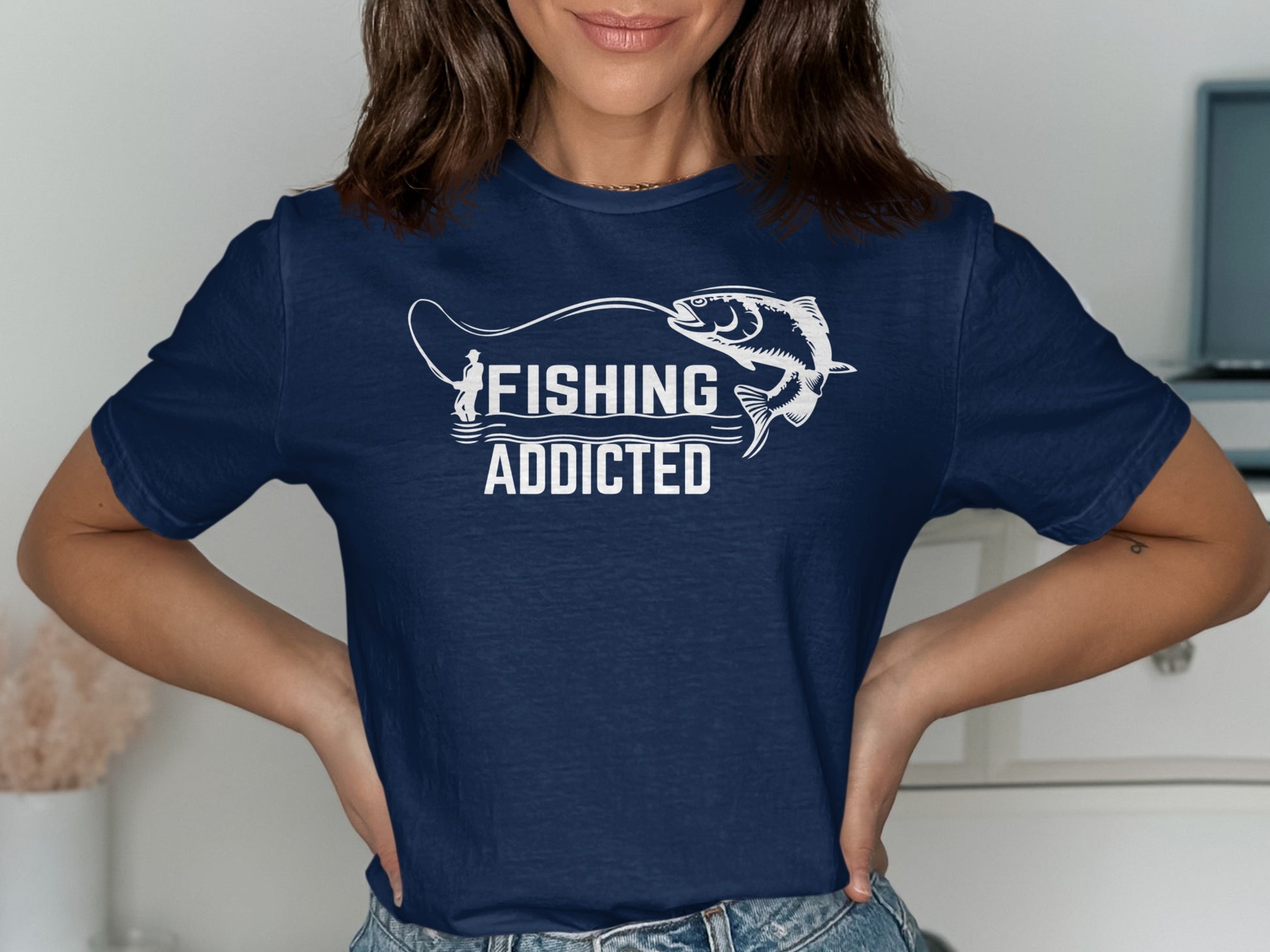 Navy t-shirt with "FISHING ADDICTED" text and fishing graphic.