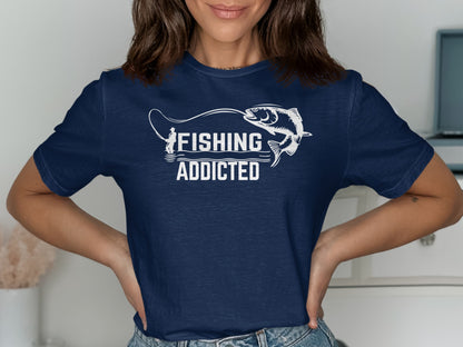 Navy t-shirt with "FISHING ADDICTED" text and fishing graphic.