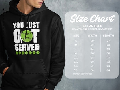 Men's "You Just Got Served" graphic hoodie size chart.