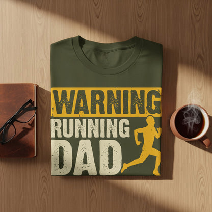 Olive green t-shirt with "Warning Running Dad" text and runner graphic.