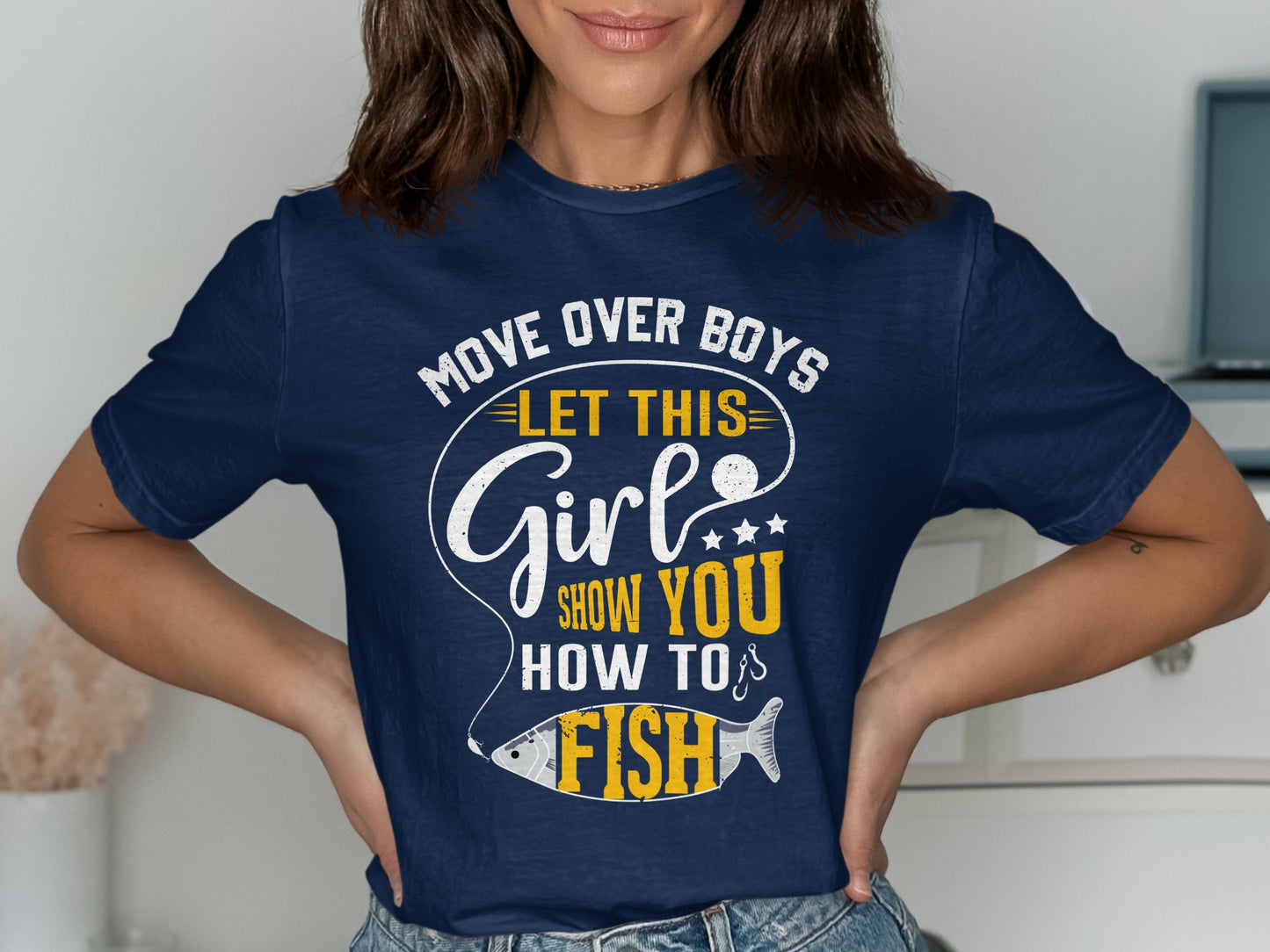 Navy t-shirt with "Move Over Boys, Let This Girl Show You How to Fish" text.