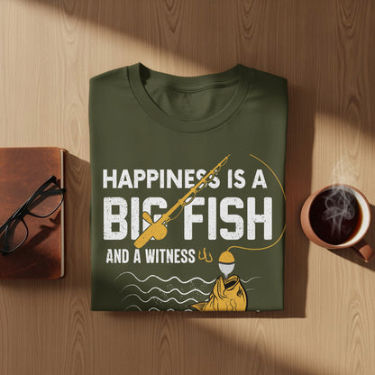 Dark green t-shirt with "Happiness is a Big Fish and a Witness" graphic.