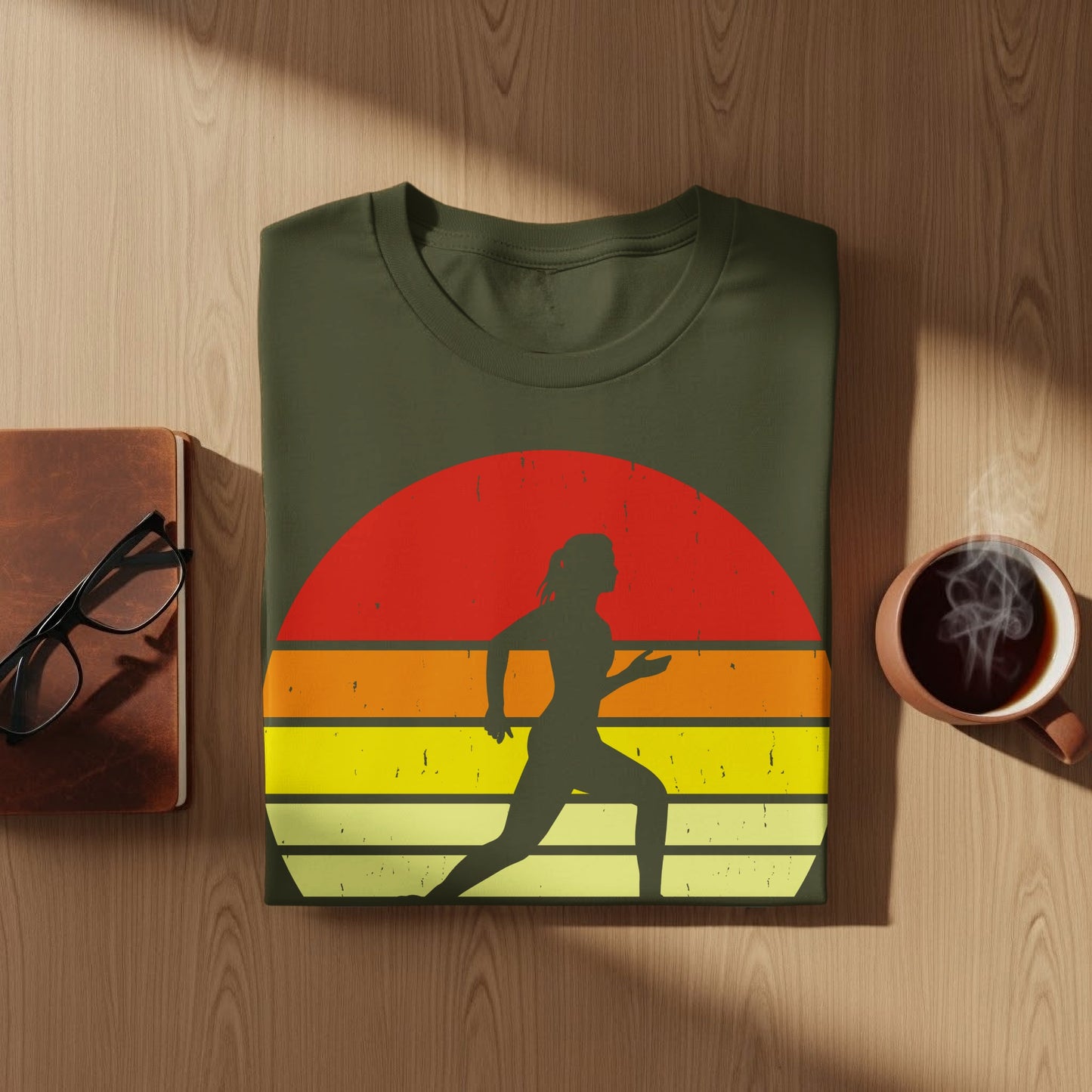 Olive green t-shirt with a sunset graphic featuring a running woman silhouette.