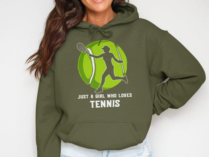 Green hoodie with graphic of tennis player and ball, text "JUST A GIRL WHO LOVES TENNIS".
