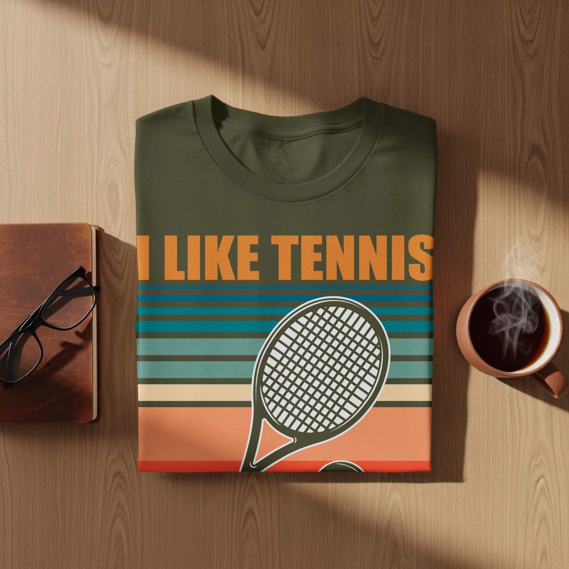 Olive green t-shirt with "I LIKE TENNIS" and a tennis racket graphic.