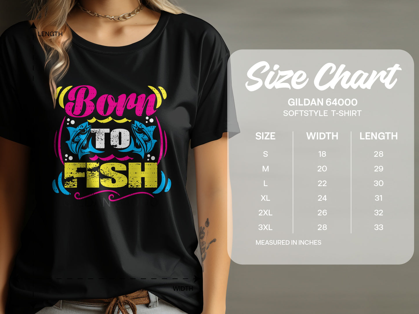 Black t-shirt with "Born to Fish" graphic and size chart.