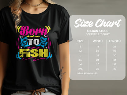 Black t-shirt with "Born to Fish" graphic and size chart.