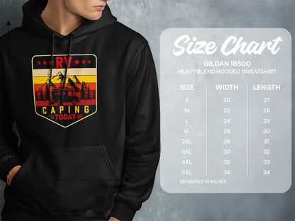 Hooded sweatshirt size chart with RV camping graphic and measurements.