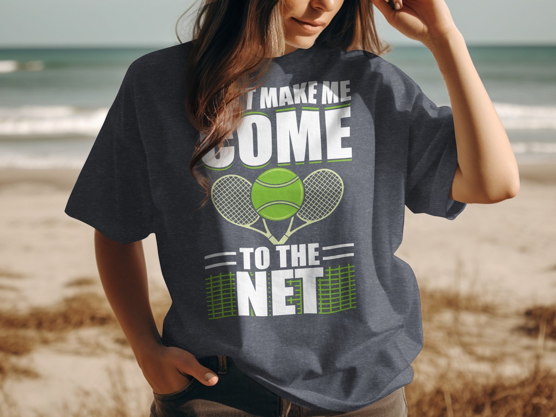 T-shirt with "Don't make me come to the net" tennis graphic.