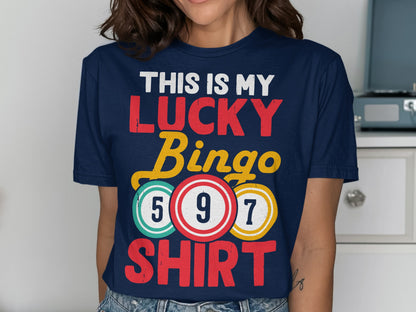 Navy t-shirt with "THIS IS MY LUCKY BINGO SHIRT" and bingo balls.
