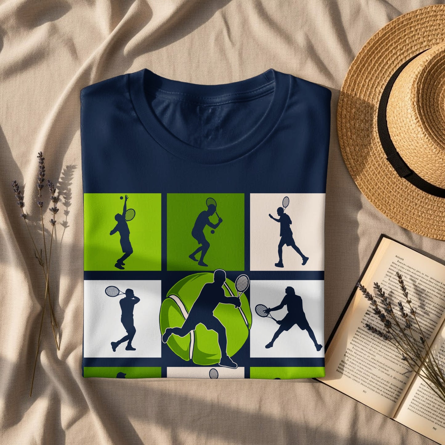 Navy t-shirt with repeating tennis player silhouette grid and central tennis ball graphic.