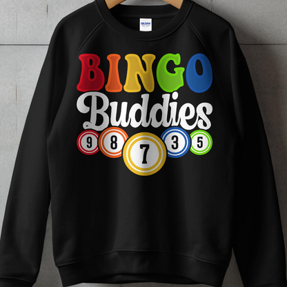 Black sweatshirt with "BINGO Buddies" text and bingo balls featuring numbers 98, 7, and 35.