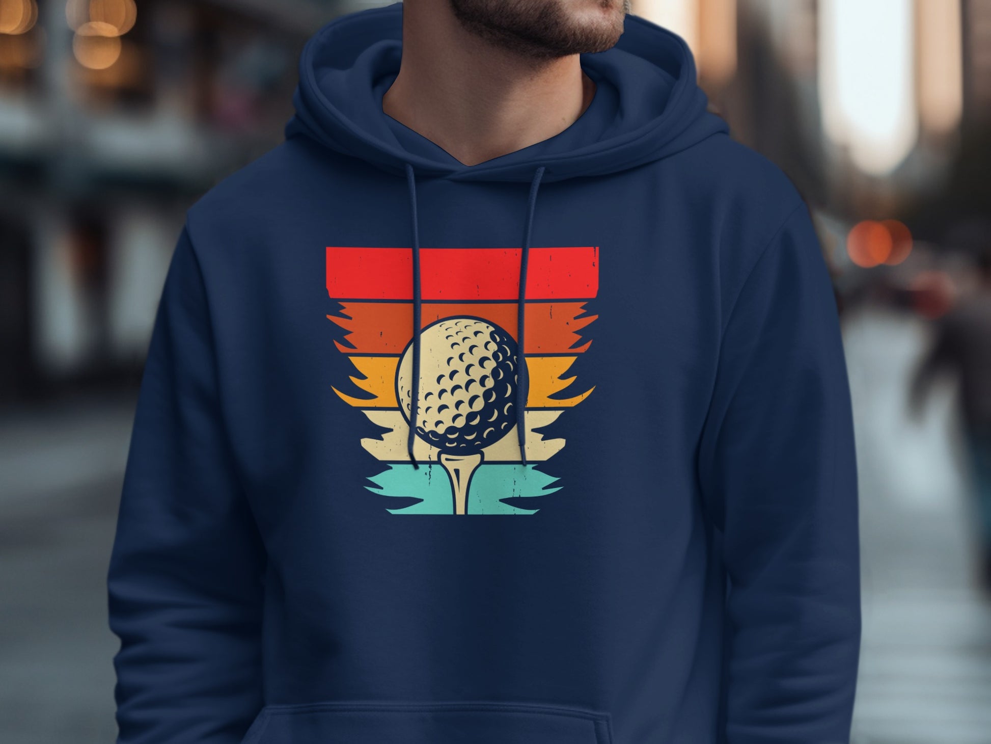 Navy hoodie featuring a vintage sunset golf ball on a tee graphic.