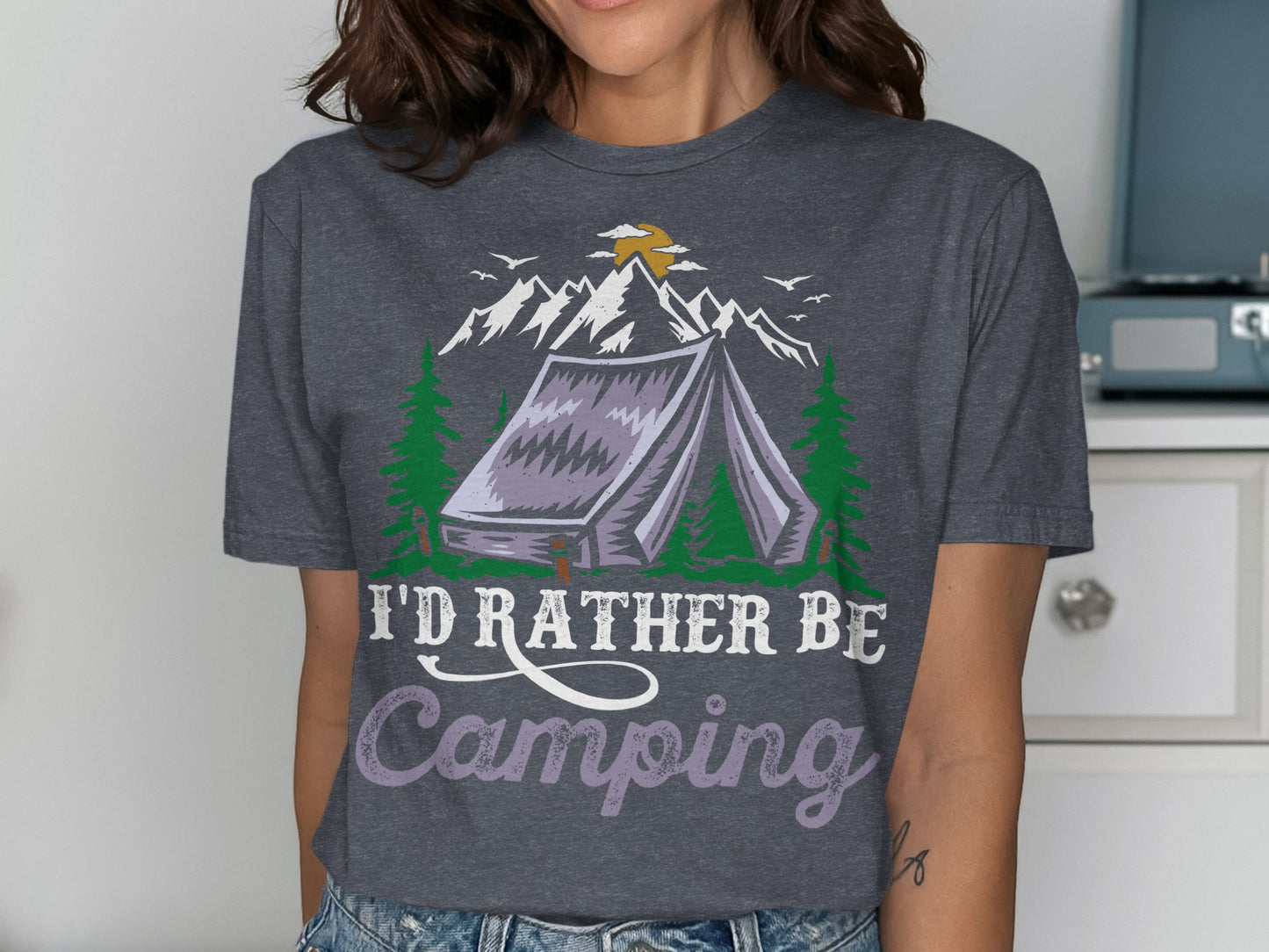 T-shirt with purple tent, mountains, trees, and "I'd rather be Camping" text.