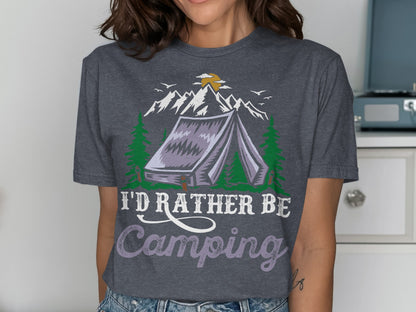 T-shirt with purple tent, mountains, trees, and "I'd rather be Camping" text.
