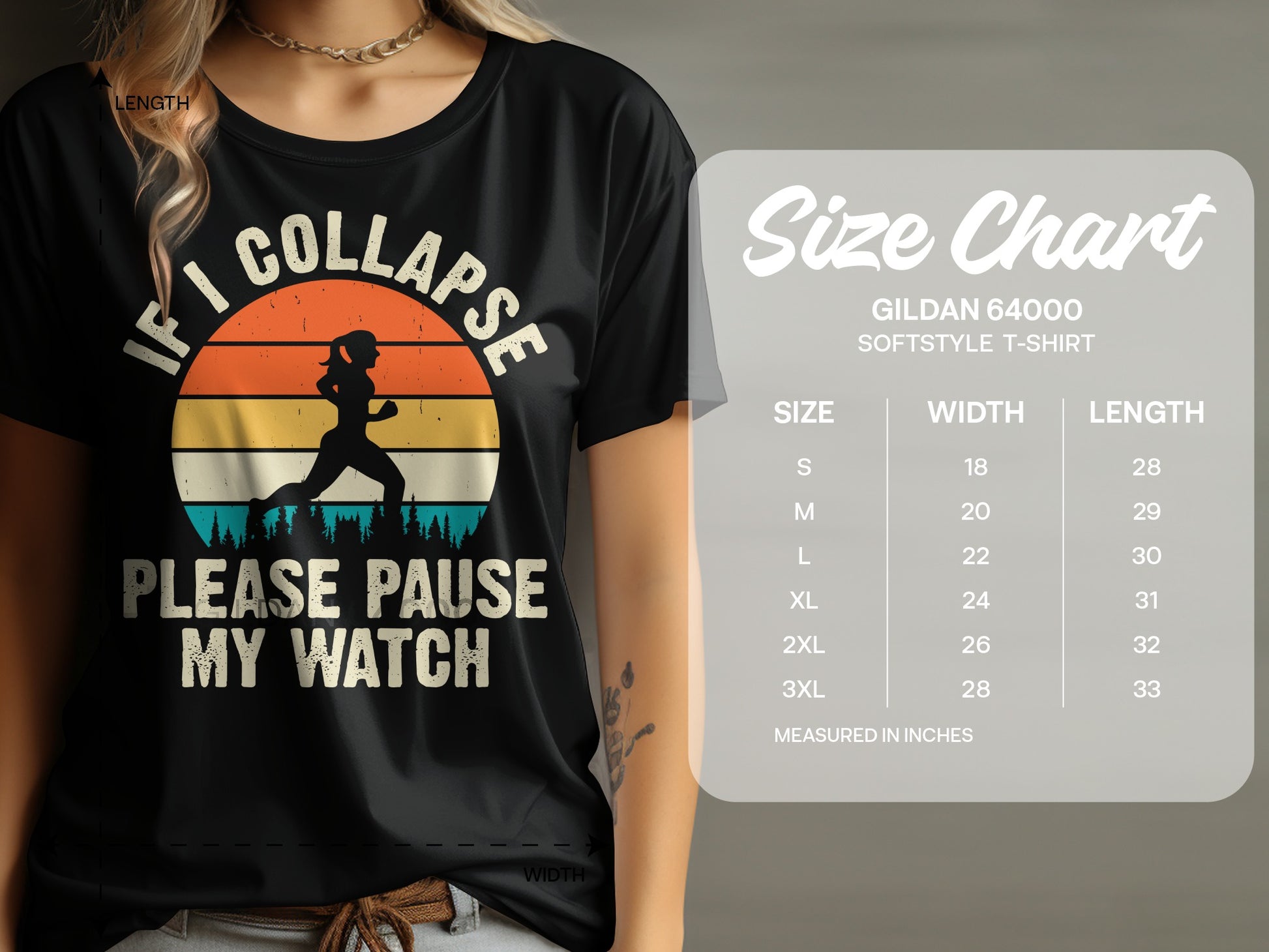 T-shirt with "If I collapse, please pause my watch" text and sunset graphic.