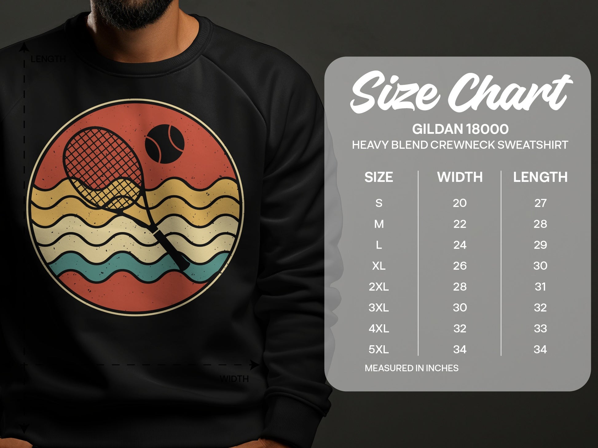Gildan 18000 heavy blend sweatshirt size chart with measurements in inches.