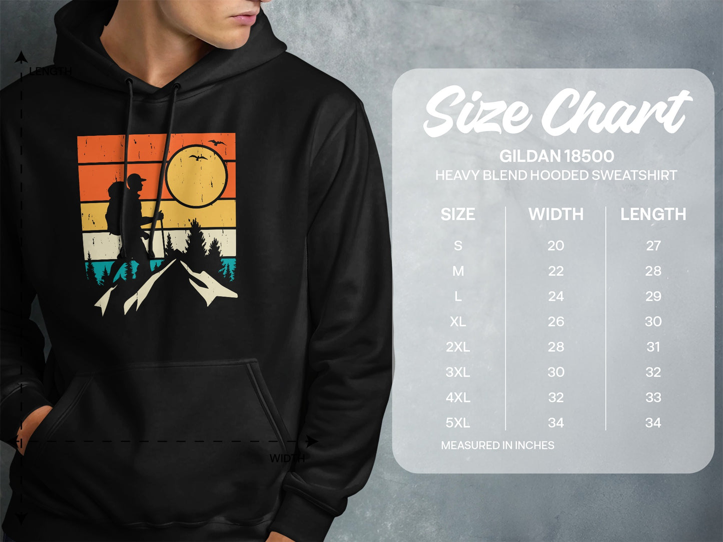 Size chart for Gildan 18500 hooded sweatshirt with measurements.