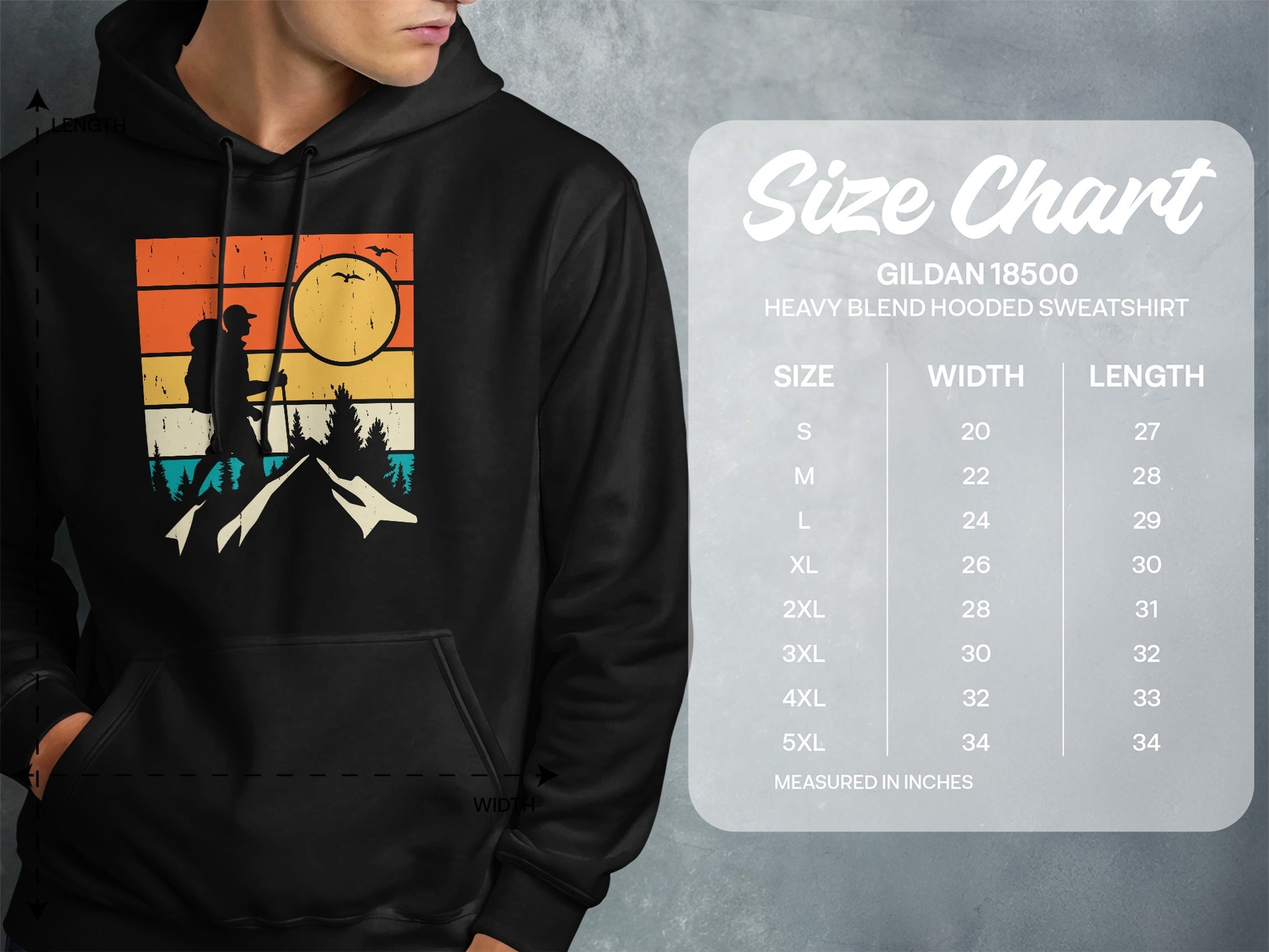 Size chart for Gildan 18500 hooded sweatshirt with measurements.