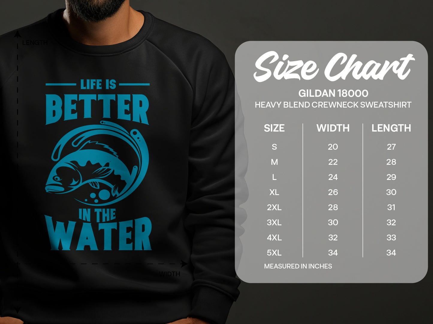 Gildan 18000 sweatshirt size chart with fish graphic.