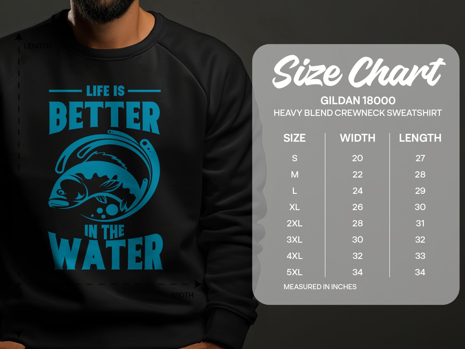 Gildan 18000 sweatshirt size chart with fish graphic.