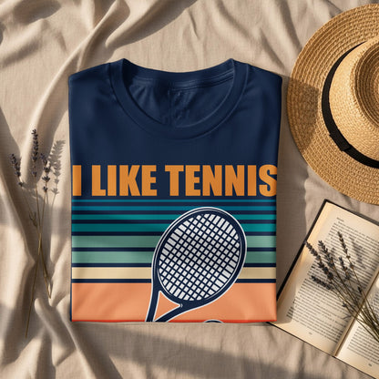 Navy t-shirt with "I LIKE TENNIS" and retro stripes.