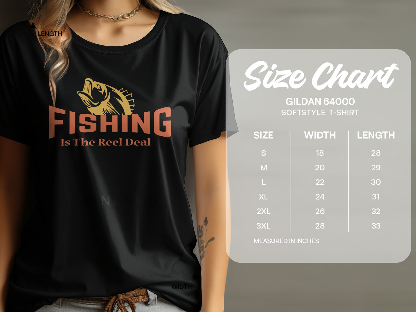 Black t-shirt with "Fishing Is The Reel Deal" graphic and size chart.