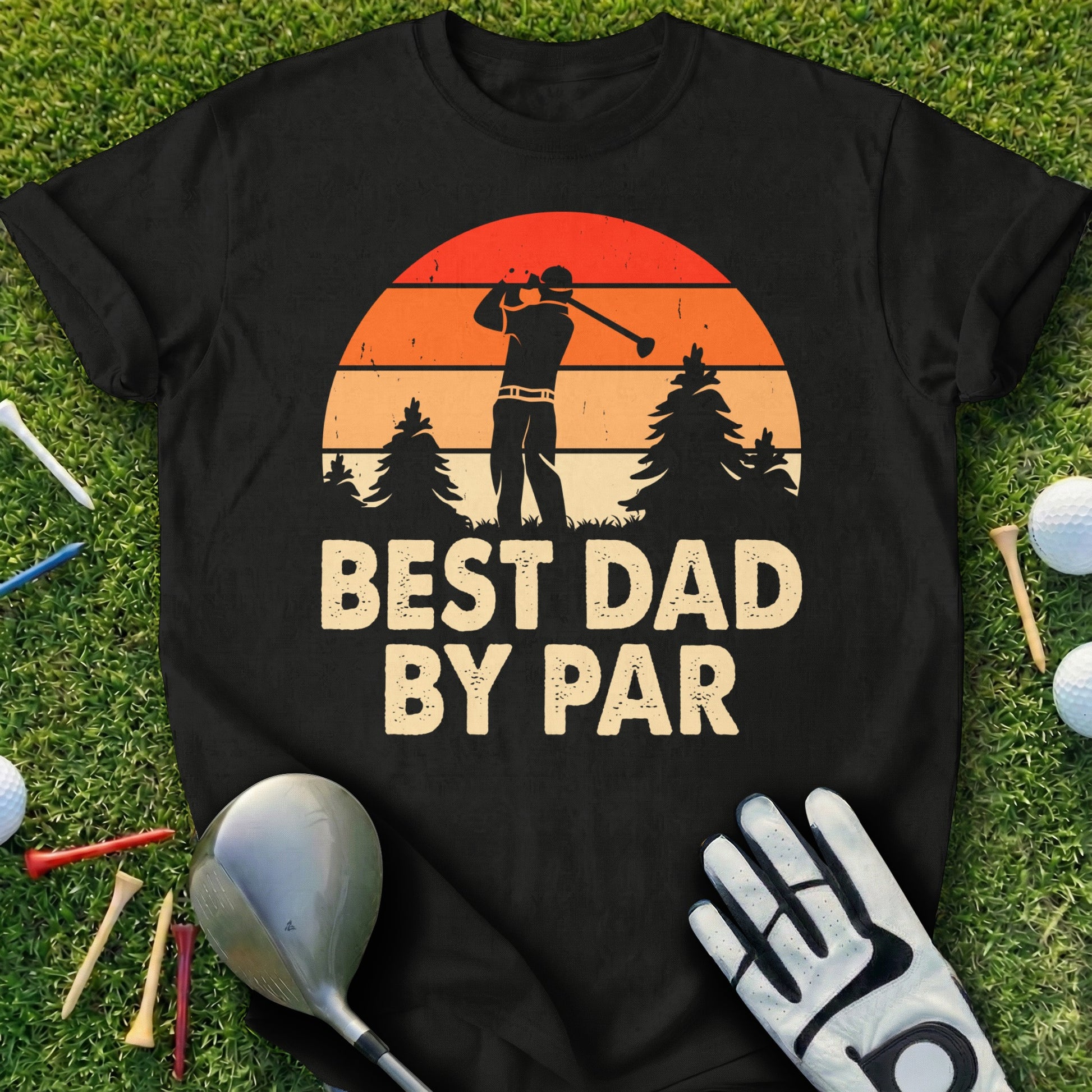 Black t-shirt with "Best Dad By Par" text and a golfer silhouette.