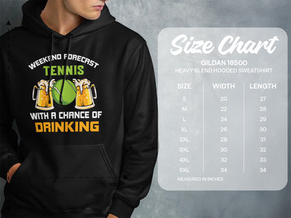 Hooded sweatshirt size chart with tennis and beer graphic.