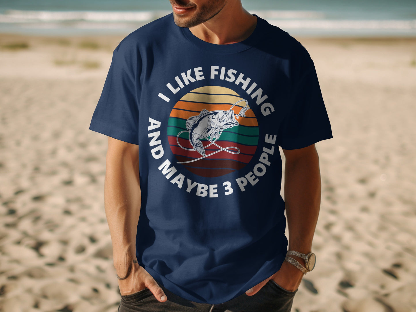 Navy t-shirt with "I LIKE FISHING AND MAYBE 3 PEOPLE" and fish graphic.
