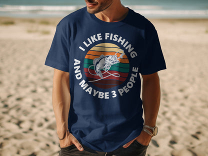 Navy t-shirt with "I LIKE FISHING AND MAYBE 3 PEOPLE" and fish graphic.