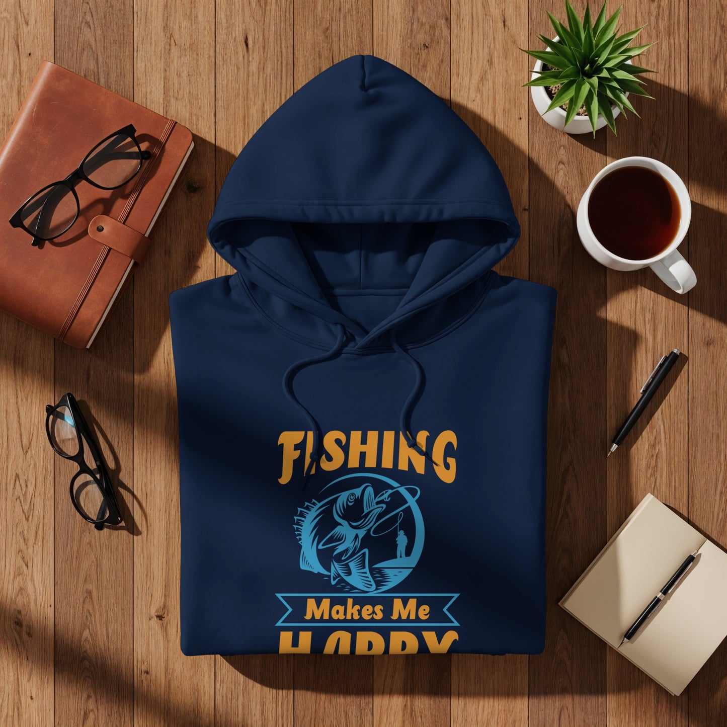 Navy hoodie with "FISHING MAKES ME HAPPY" text and fishing graphic.