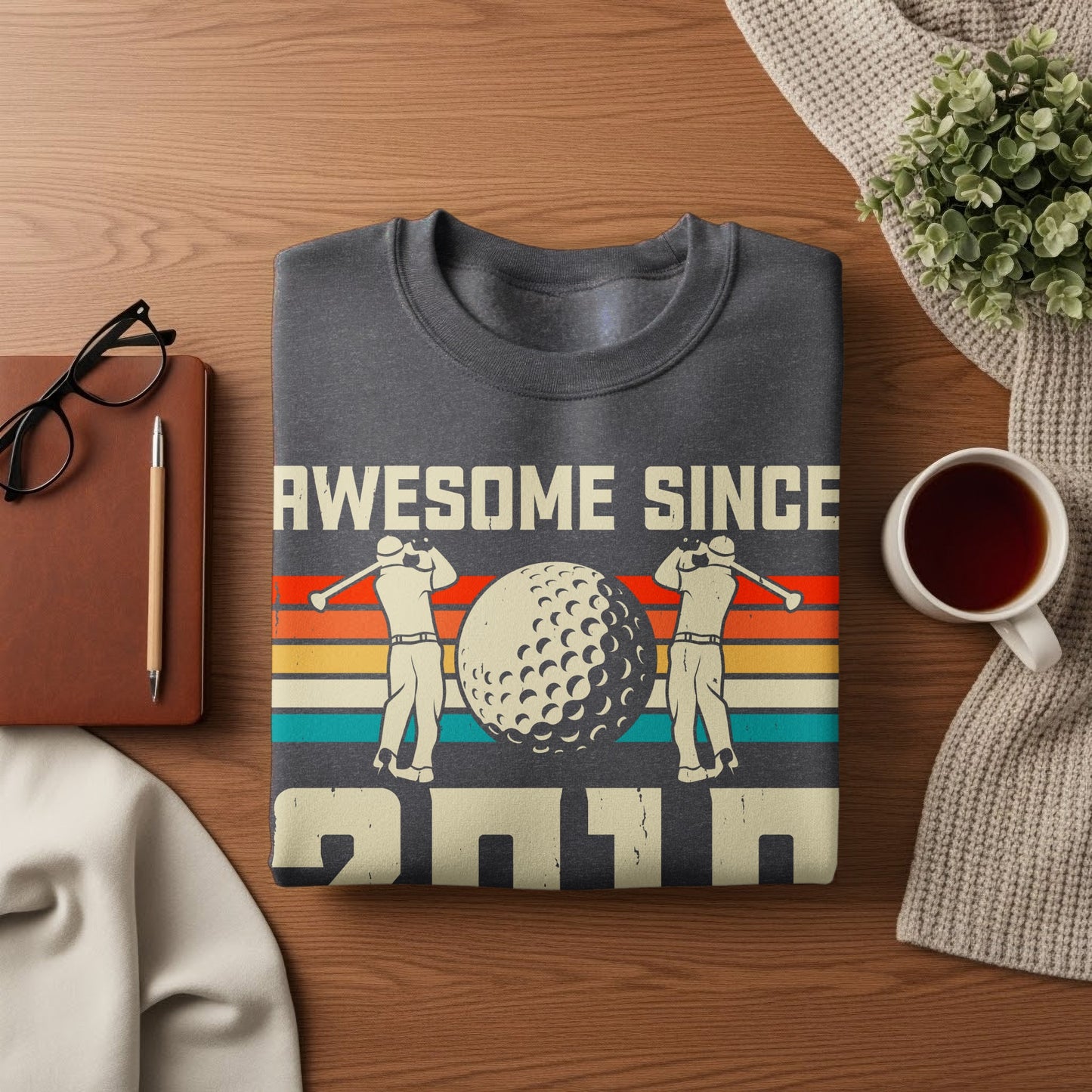 Dark gray t-shirt with "Awesome Since 2011" and retro golfers.