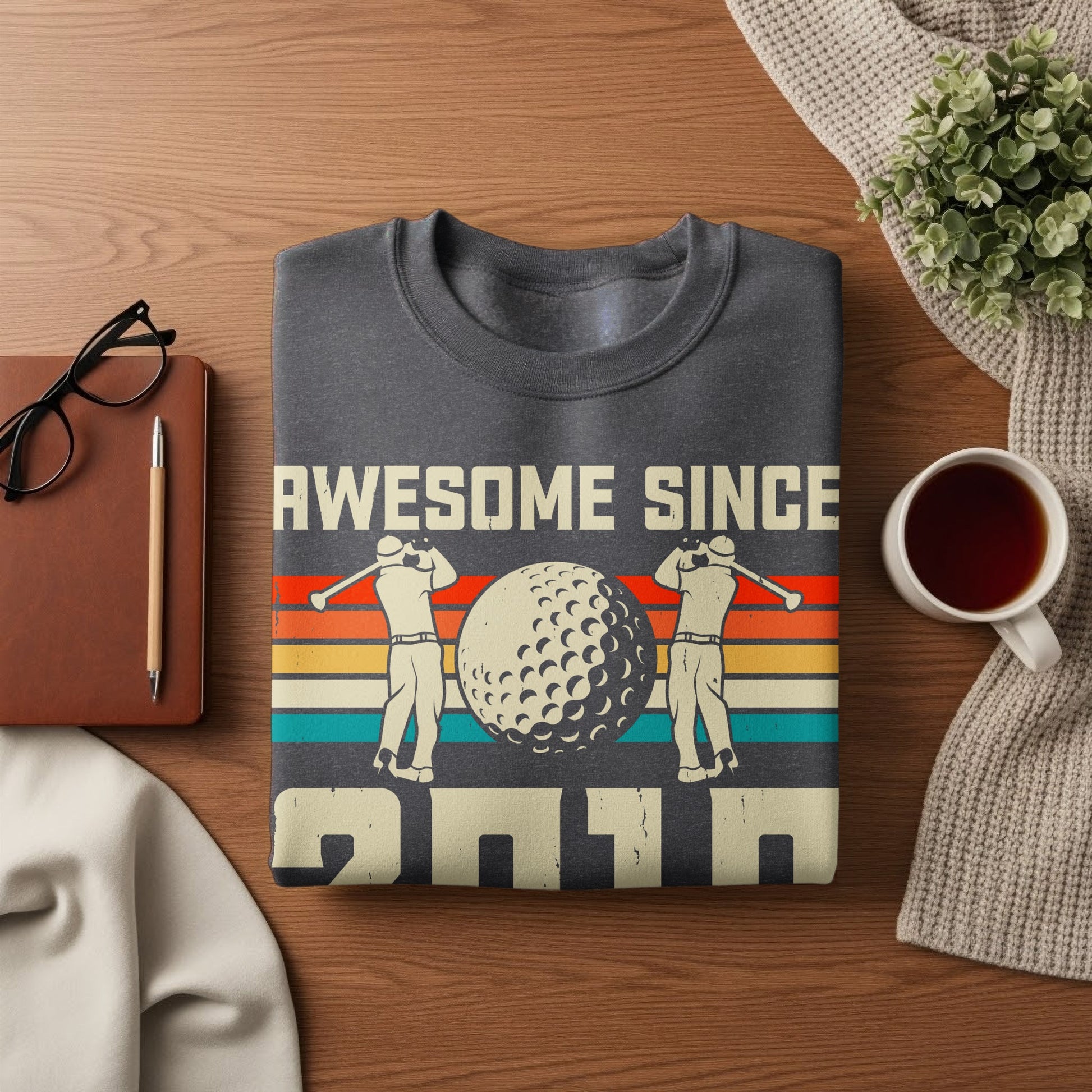 Dark gray t-shirt with "Awesome Since 2011" and retro golfers.