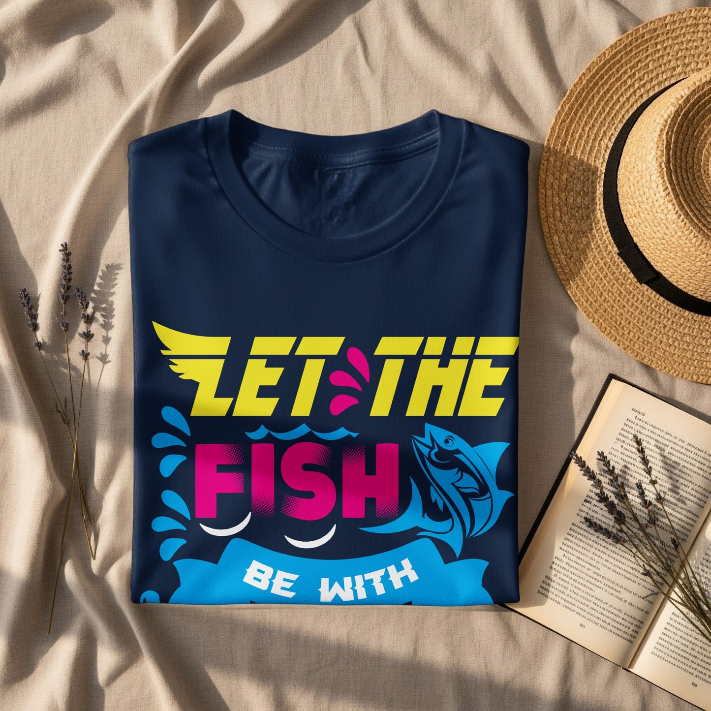 Navy t-shirt with "Let the fish be with you" text and fish graphic.