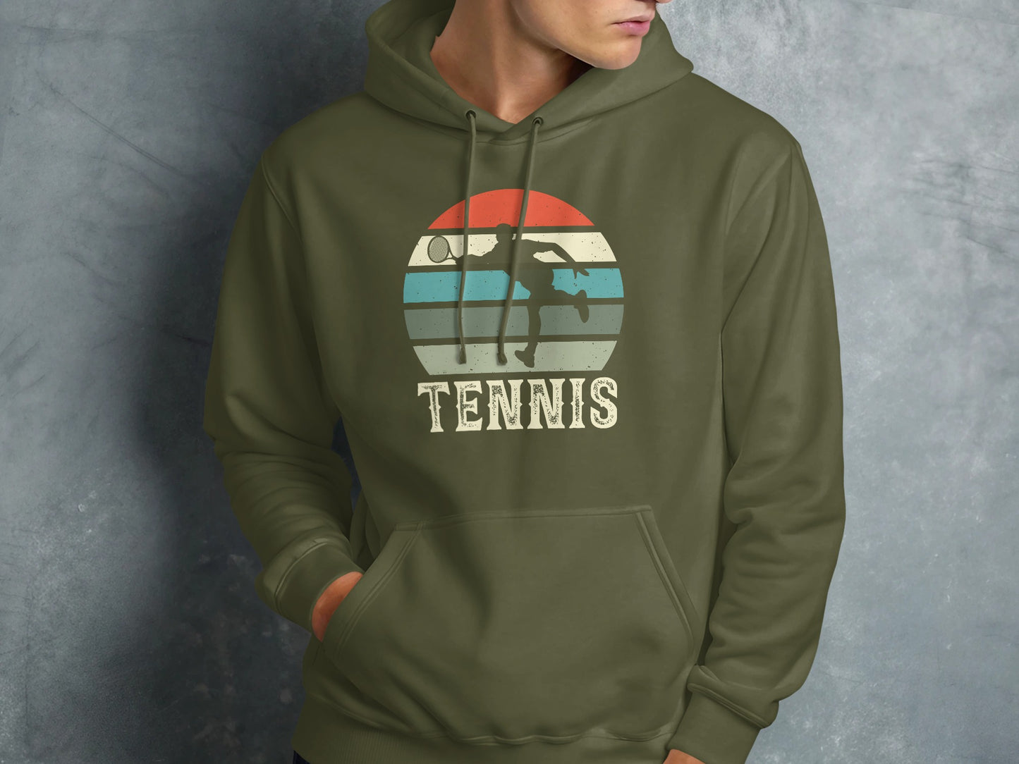 Green hoodie with vintage tennis graphic featuring a silhouetted player and "TENNIS" text.