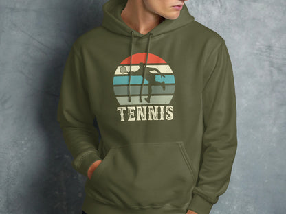 Green hoodie with vintage tennis graphic featuring a silhouetted player and "TENNIS" text.