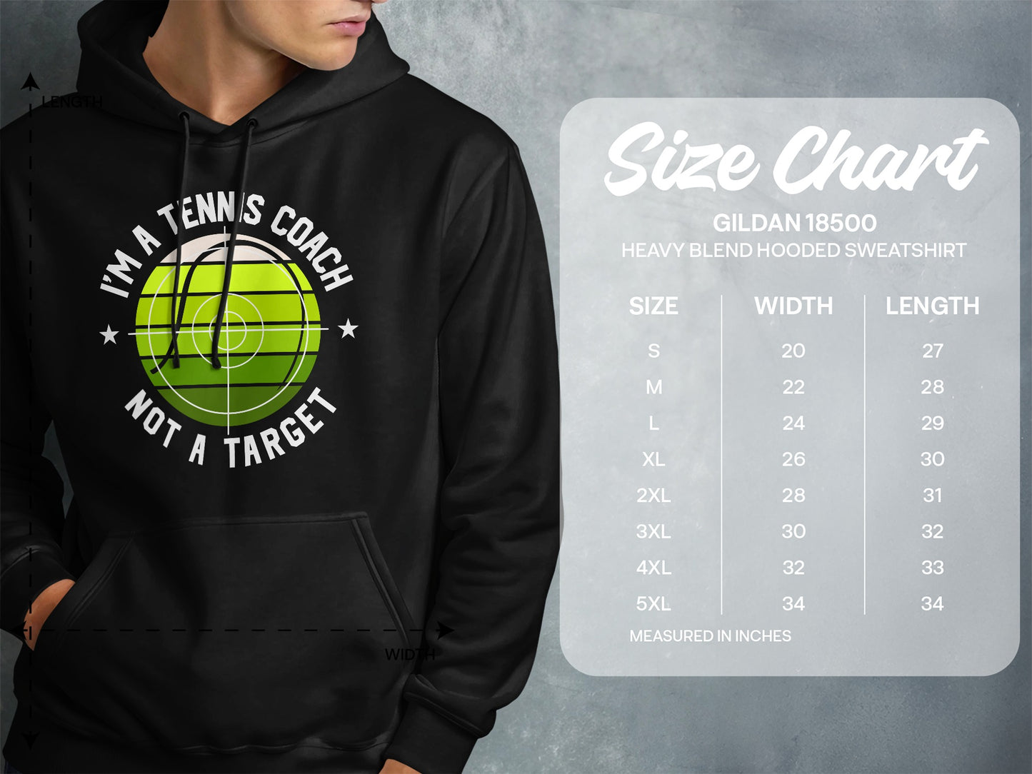 Hoodie with "I'M A TENNIS COACH NOT A TARGET" graphic and size chart.