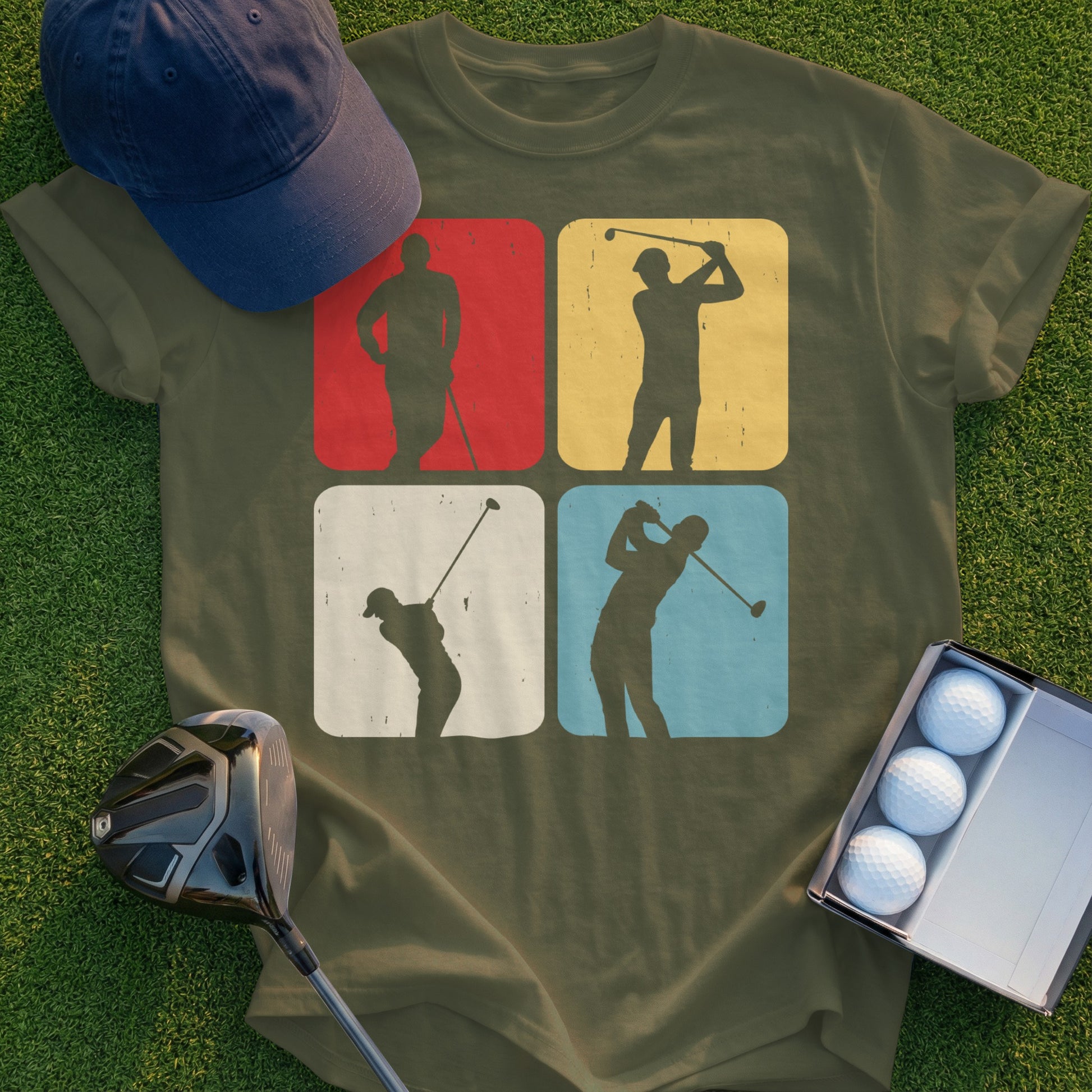 Golfing silhouettes in four colored squares on a green t-shirt.