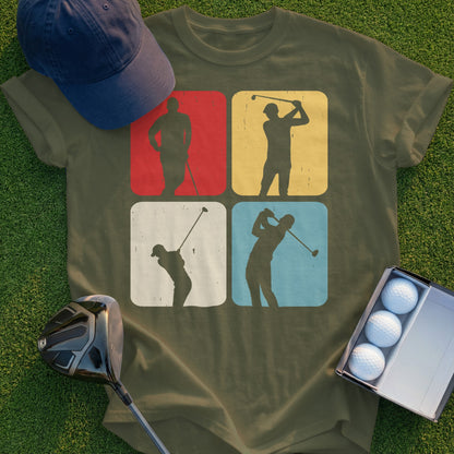 Golfing silhouettes in four colored squares on a green t-shirt.
