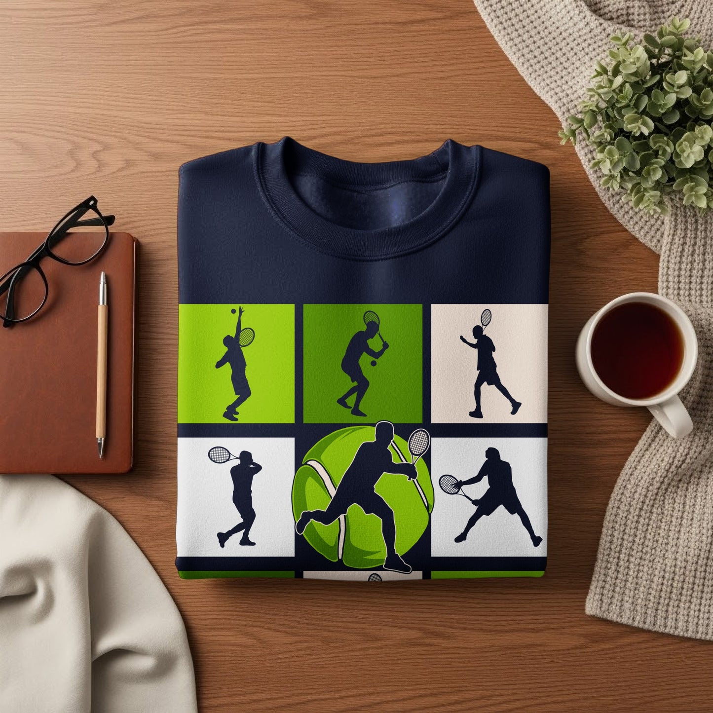 Navy sweatshirt with geometric tennis player graphic and large tennis ball.