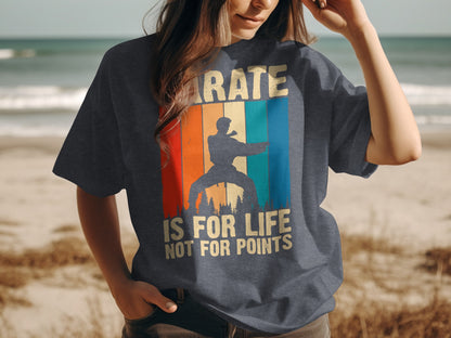 T-shirt with vintage sunset graphic of karate silhouette and text "Karate is for life, not for points."